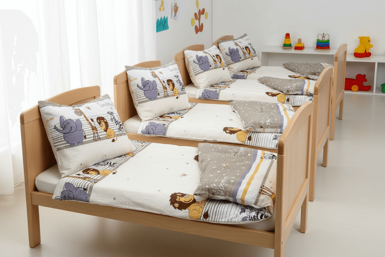 Krepové dětské povlečení do školky „Zvířátka Zoo krémová“